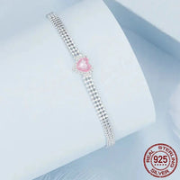 925 Sterling Silver Ice Pink Heart Chain Bracelet