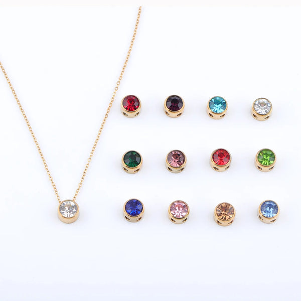 Stainless Steel Round Birthstone Pendant Necklace - 2 Colours - 12 Options