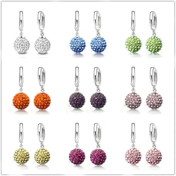 925 Sterling Silver Pave Disco Ball Hoop Lever back Earrings - 9 Colours
