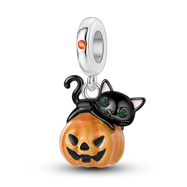 925 Sterling Silver Cat on a Pumpkin Charm