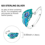 925 Sterling Silver Peacock Glazed Feather Open Ring