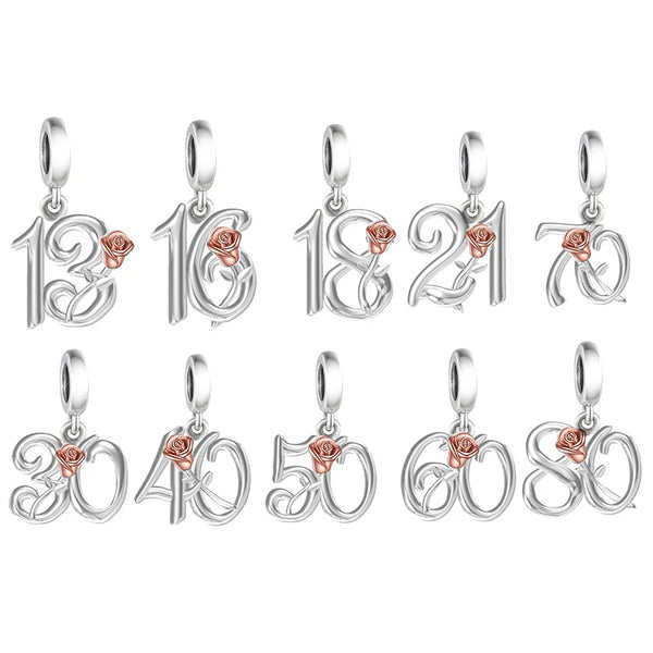 925 Sterling Silver Number Rose Hanging Charm - 10 Options