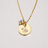 Stainless Steel Birth Month Floral Disc Necklace - 3 Colours - 12 Options