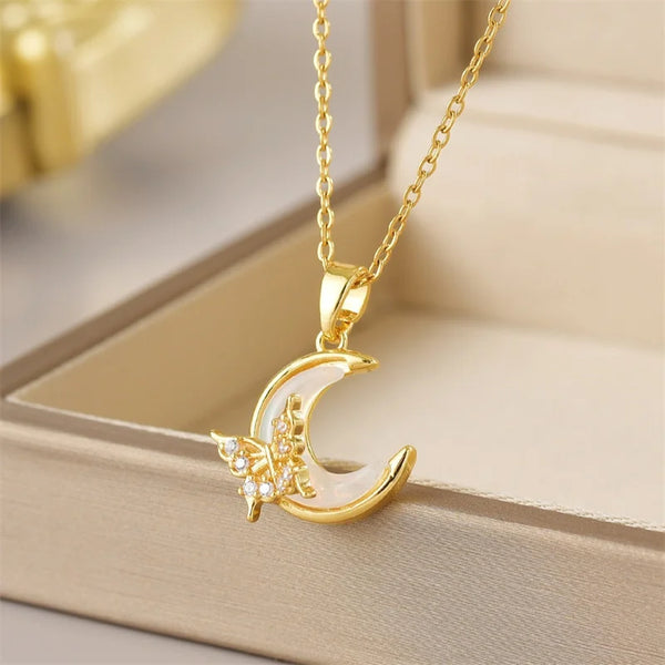 Stainless Steel Gold Plated Crescent Moon Butterfly Necklace