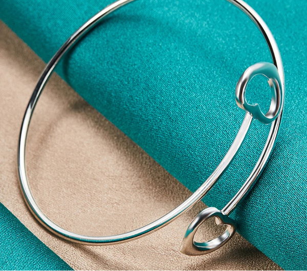 925 Sterling Silver Double Heart Open Bangle