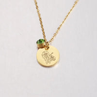 Stainless Steel Birth Month Floral Disc Necklace - 3 Colours - 12 Options
