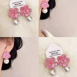 Fashion Pink Crystal Imitation Pearl Snowflake Stud Earrings
