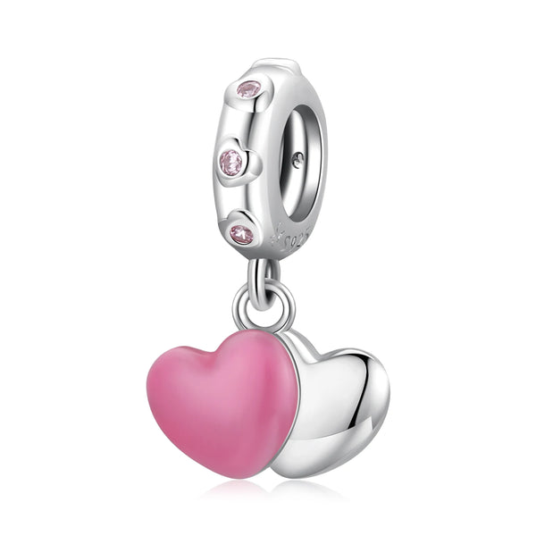 925 Sterling Silver Pink Double Heart Charm