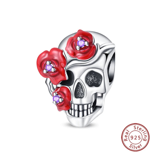 925 Sterling Silver Skull with Roses Charm