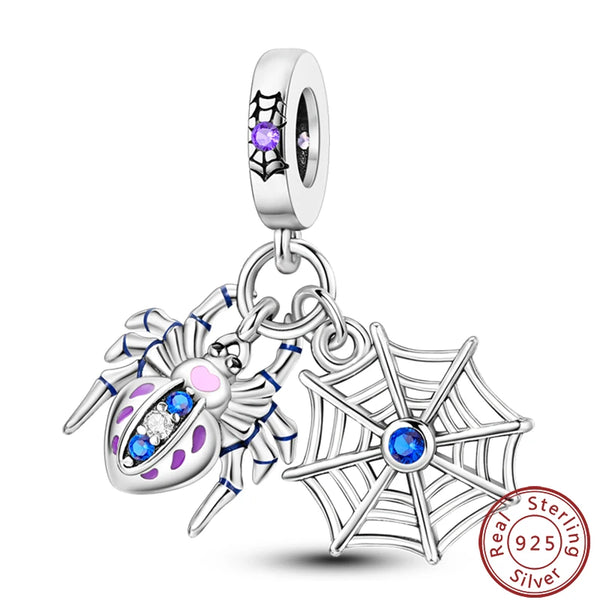 925 Sterling Silver Blue CZ Spider and Web Charm