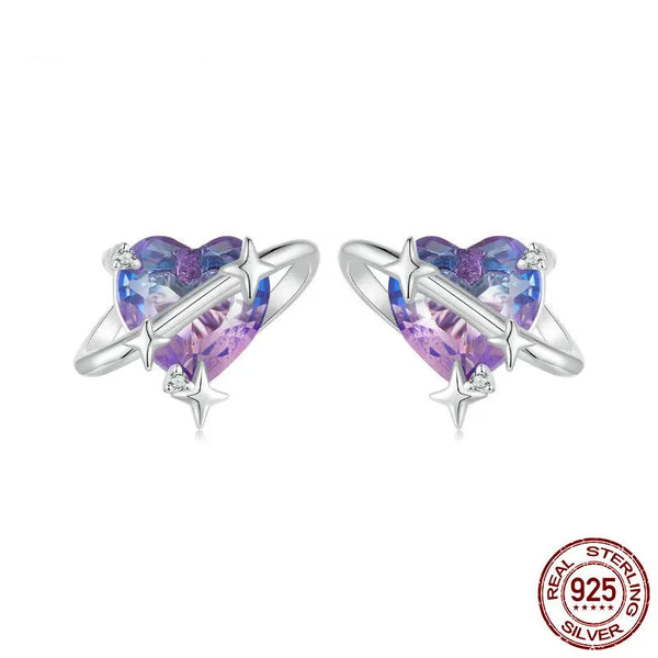 925 Sterling Silver Mystic Purple Heart Star Stud Earrings