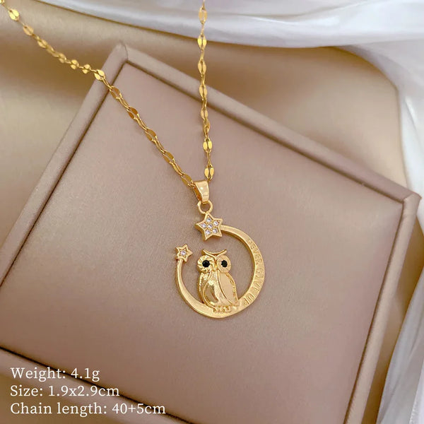 Stainless Steel Crescent Moon/Owl CZ Necklace