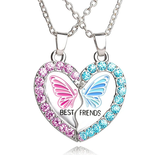 Fashion 2pc Best Friend Butterfly Crystal Necklace