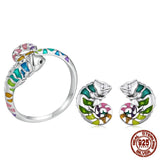 925 Sterling Silver Chameleon Enamel Ring/Earrings/Set