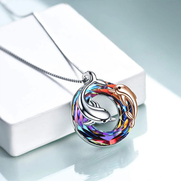 Fashion Round Multi Colour CZ Dolphin Necklace