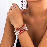 Multilayer Red Imitation Pearl Bracelet/Earrings