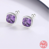 925 Sterling Silver 8mm Square Purple CZ Screwback Earrings