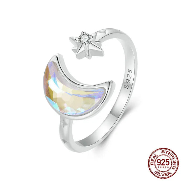 925 Sterling Silver Moonstone Effect Star Open Ring