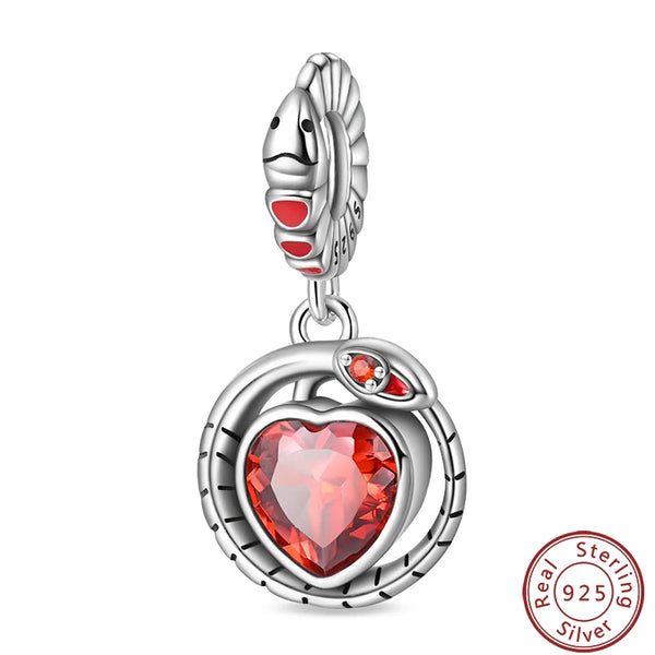 925 Sterling Silver Red Heart Snake Charm