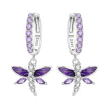 925 Sterling Silver Purple CZ Butterfly Hoop Drop Earrings