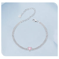 925 Sterling Silver Ice Pink Heart Chain Bracelet