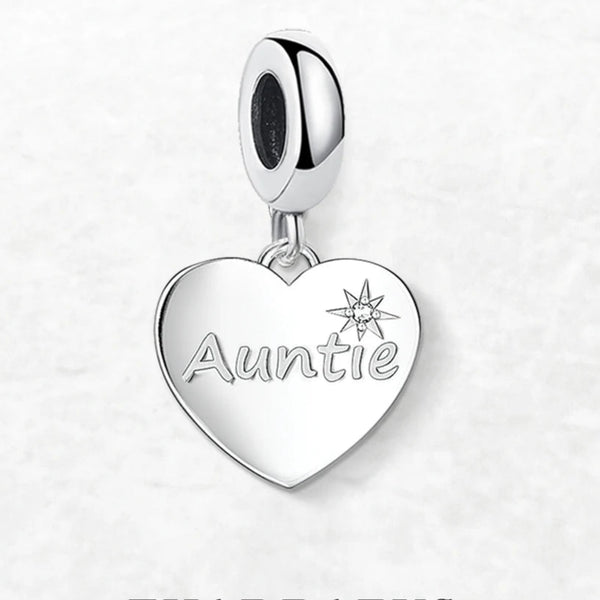 925 Sterling Silver Auntie Heart Dangle Charm - 2 Options