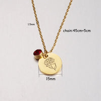 Stainless Steel Birth Month Floral Disc Necklace - 3 Colours - 12 Options
