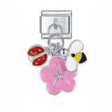 Stainless Steel Pink Flower/Bugs Hanging Italian Charm