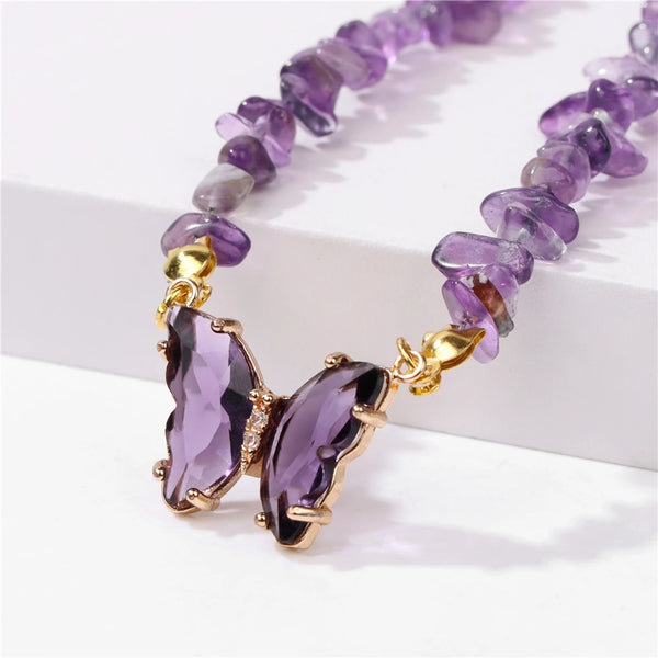Butterfly Crystal and Stone Chip Necklace - 12 Colours