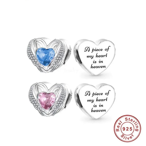 925 Silver A Piece of My Heart Is In Heaven Blue/Pink CZ Angel Wing Charm