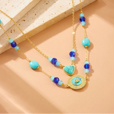 Stainless Steel Double Chain Bead Turquoise Heart Disc Necklace