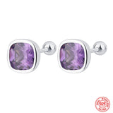 925 Sterling Silver 8mm Square Purple CZ Screwback Earrings