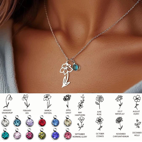 Stainless Steel Birthstone Birth Flower Necklace - 12 Options