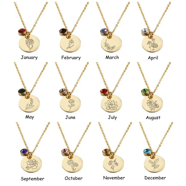 Stainless Steel Birth Month Floral Disc Necklace - 3 Colours - 12 Options
