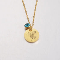 Stainless Steel Birth Month Floral Disc Necklace - 3 Colours - 12 Options