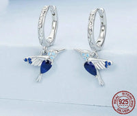 925 Sterling Silver Blue CZ Hummingbird Hoop Earrings