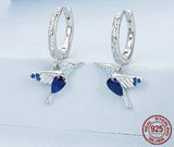 925 Sterling Silver Blue CZ Hummingbird Hoop Earrings