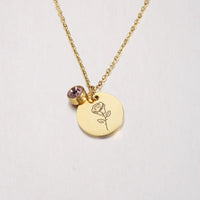 Stainless Steel Birth Month Floral Disc Necklace - 3 Colours - 12 Options