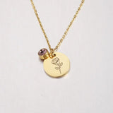 Stainless Steel Birth Month Floral Disc Necklace - 3 Colours - 12 Options