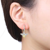 925 Sterling Silver Yellow CZ Bee Hoop Drop Earrings