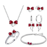 925 Sterling Silver Red Bow Matching Necklace Ring Earrings