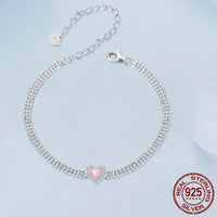 925 Sterling Silver Ice Pink Heart Chain Bracelet