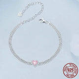 925 Sterling Silver Ice Pink Heart Chain Bracelet