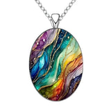 Fashion Rainbow Ripple Oval Glass Pendant Necklace