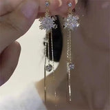 Fashion CZ Long Tassel Dangle Snowflake Earrings