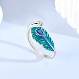 925 Sterling Silver Peacock Glazed Feather Open Ring