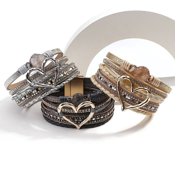 Braided Leather Wrap Heart Bracelet - 15 Colours