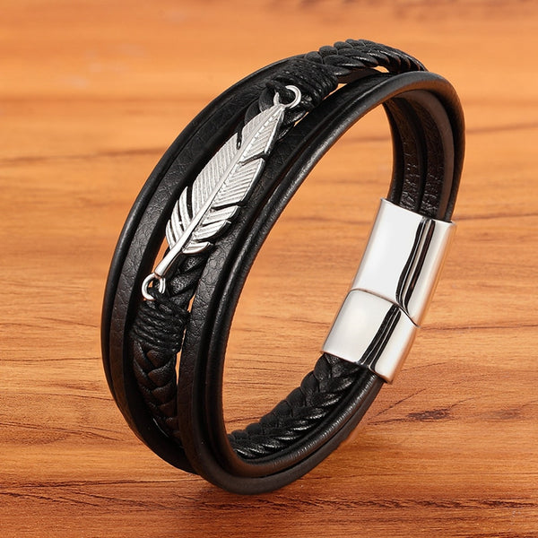 Multi-layer Leather & Stainless Steel Men's Bracelet - 3 Colours