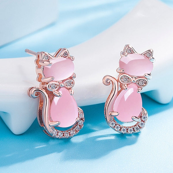 Pink Opal Rose Gold Cat Small Stud Earrings