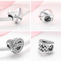 925 Sterling Silver Heart Pink CZ Sister bead Charm